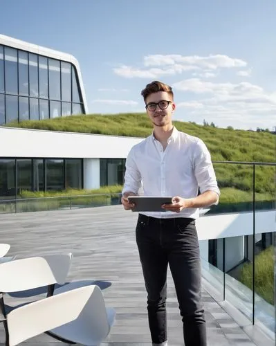 A-Poc, male, 25yo, messy short hair, black-rimmed glasses, casual wear, white shirt, dark jeans, sneakers, holding a tablet, standing, Vitra Campus Architecture Design Industry, modern buildings, slee