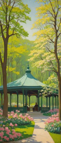 bandstand,gazebo,herman park,central park,spring garden,park akanda,golden pavilion,sakura trees,arboretum,pavilion,springtime background,japan garden,the golden pavilion,english garden,the old botanical garden,robert duncanson,spring morning,botanical gardens,city park,the park,Art,Classical Oil Painting,Classical Oil Painting 14