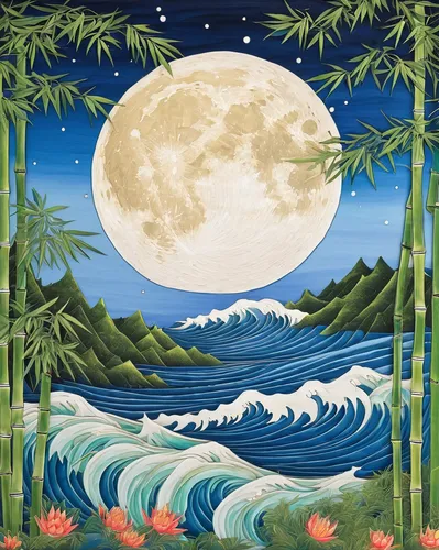 beach moonflower,cool woodblock images,blue hawaii,hawaii bamboo,tropical sea,moonflower,ocean paradise,japanese wave paper,mother earth,molokai,tahiti,japanese waves,moonrise,blue moon,south seas,hawaii,beach landscape,full moon day,full moon,moon and star background,Art,Classical Oil Painting,Classical Oil Painting 43