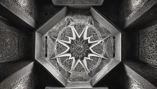 mihrab,khachkar,khamsa,ornamentation,paradorn,motifs,chamber,octagonal,ship's wheel,mandala,image portal,art deco ornament,church door,iron door,panel,echmiadzin,motifs of blue stars,architectural detail,hall roof,sepulchre,Illustration,Black and White,Black and White 11