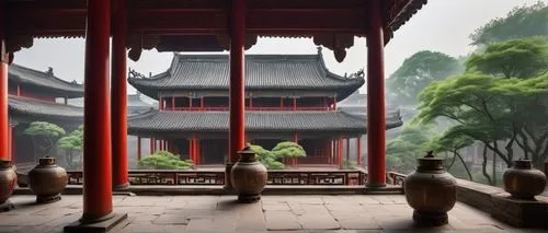 Traditional Chinese Jian architecture, ancient temple, intricate carvings, vibrant red walls, golden roofs, upturned eaves, ornate columns, lanterns hanging from ceiling, incense sticks burning, misty