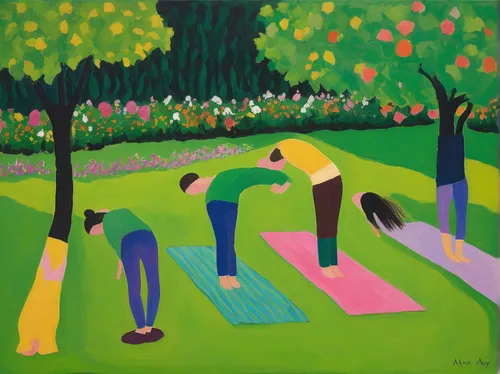 Create a joyful and energetic sun salutation practice in a vibrant garden.,croquet,girl lying on the grass,work in the garden,child in park,walk in a park,happy children playing in the forest,playing 