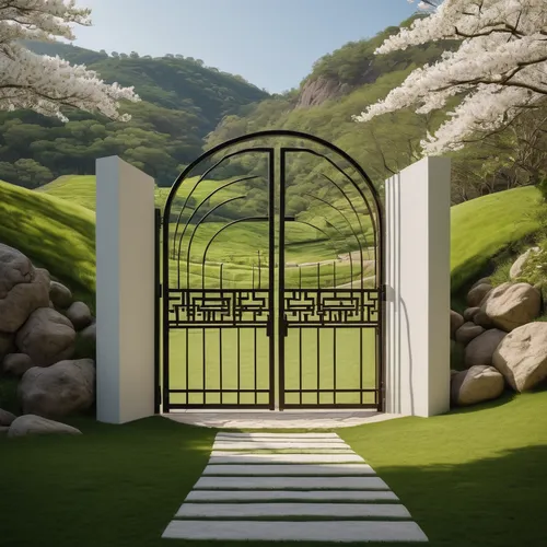 Foreground opens the gate, one stands at the foot of the hill, looks out from the gate, Zen-like serene style, minimalist stage design, spring, light green and white style, film set, sculpture, grand 