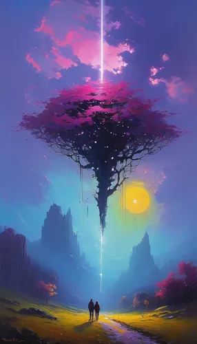 futuristic landscape,fantasy landscape,alien world,lone tree,travelers,alien planet,mushroom landscape,isolated tree,ufo,fantasy picture,dusk,magic tree,earth rise,beacon,the horizon,sentinel,tree of life,planet alien sky,vast,beyond,Conceptual Art,Sci-Fi,Sci-Fi 22