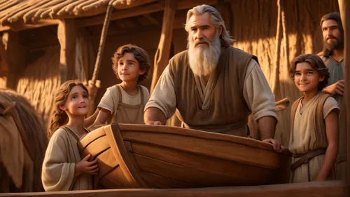 Noah is a tall man, of medium height. skin is light, hair and beard are long and white, eyes light brown, wears a long beige tunic, he built his ark, and his children together, sawing wood, disney sty