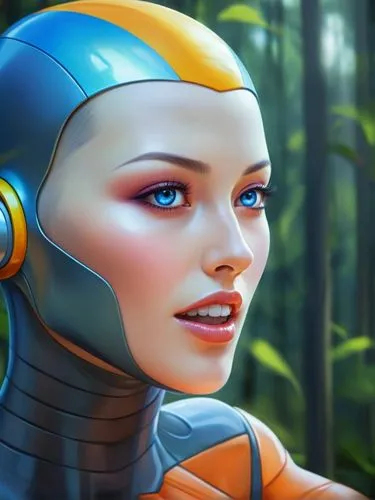 joven androide desilusionada ,está en bosque estilo anime realista,woman wearing blue and yellow headpiece in the forest,amphiprion,fembot,biotic,cyberforce,positronium,positronic,Conceptual Art,Sci-F