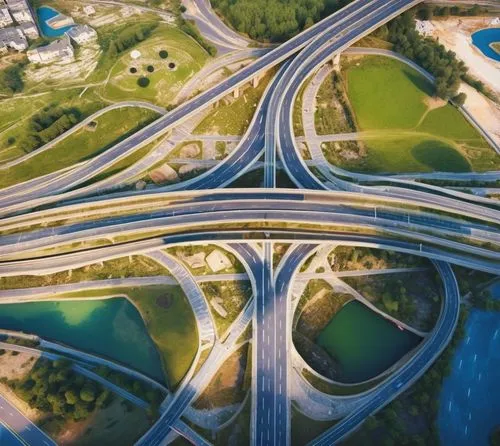 Road, roundabout, concrete bridge, top view, highway ,an aerial view of multiple roads and intersecting lanes,superhighways,interchanges,highway roundabout,interchange,highways,infraestructura,Photogr