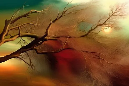 feel safe when you are here,a stylized painting of a barren tree without leaves,leafless,tree branches,branches,arbre,autumn tree,multiple exposure,Illustration,Realistic Fantasy,Realistic Fantasy 01