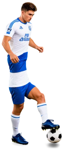 muscular man, soccer player, dynamic pose, athletic body, sweaty face, messy short hair, serious expression, white soccer jersey, blue shorts, black cleats, ball at feet, kicking action, stadium backg