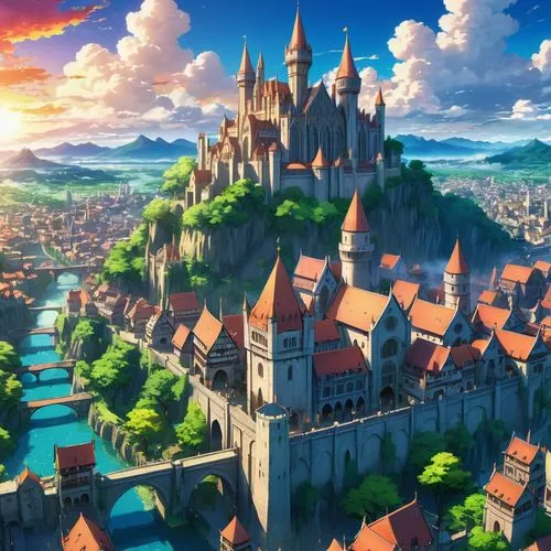 reichstadt,fantasy city,heroica,knight's castle,yazaki,fairy tale castle,Illustration,Japanese style,Japanese Style 03