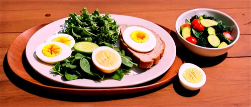 Fresh fruits, mixed greens, whole wheat bread, grilled chicken breast, steamed vegetables, boiled eggs, ceramic plate, wooden table, natural light, shallow depth of field, warm color tone, 3/4 composi