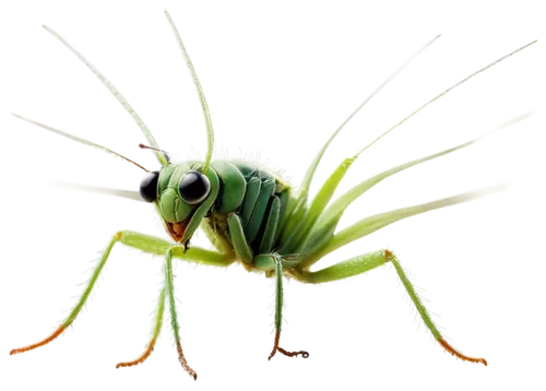 cricket, insect, green body, long antennae, wings unfolded, jumping pose, realistic texture, detailed eyes, morning dew, soft sunlight, shallow depth of field, warm color tone, cinematic lighting, mac