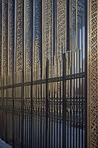 Modern architectural fence, ornate metal design, intricate patterns, silver-gray finish, vertical bars, symmetrical composition, urban setting, cityscape, skyscrapers in background, morning sunlight, 