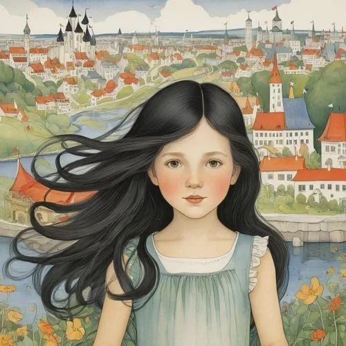 little girl in wind,girl on the river,behenna,siggeir,young girl,girl picking flowers,Illustration,Realistic Fantasy,Realistic Fantasy 31