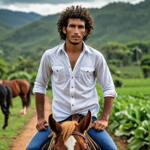 Joven de 30 años de cabello rizado 30 años de edad, hombre humilde, siempre usa camisa, sin barba ni bigote, delgado, vive en una finca en Guacamayal, un pueblo en la zona bananera del departamento de