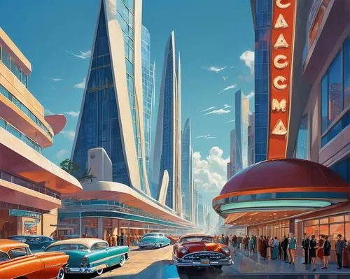 jetsons,cinerama,tailfins,futuristic architecture,futuristic landscape,mcquarrie,autopia,sedensky,megacorporations,art deco,retro diner,capcities,riverdale,alchemax,metropolis,motorcity,midcentury,futurist,skyscrapers,cityscape,Illustration,Retro,Retro 12