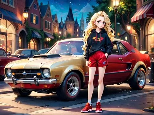 girl and car,opel record p1,karafuto,muscle car cartoon,eurobeat,opel captain,Anime,Anime,Cartoon