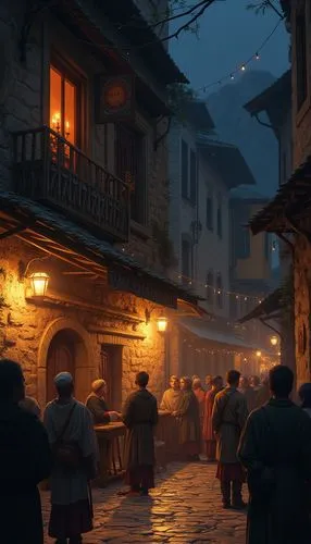 medieval street,tavern,medieval town,kotor,medieval market,alpine village,night scene,marketplace,merchants,mountain village,street scene,old town,riftwar,novigrad,merchant,taverns,knight village,escher village,the market,townsfolk,Photography,General,Realistic