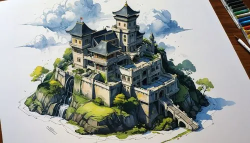 fairy tale castle,castle,fairy chimney,fairytale castle,knight's castle,witch's house,water castle,ruined castle,castle of the corvin,castel,studio ghibli,ghost castle,bethlen castle,castles,stone tower,castle ruins,gold castle,medieval castle,press castle,fairy house,Illustration,Japanese style,Japanese Style 10