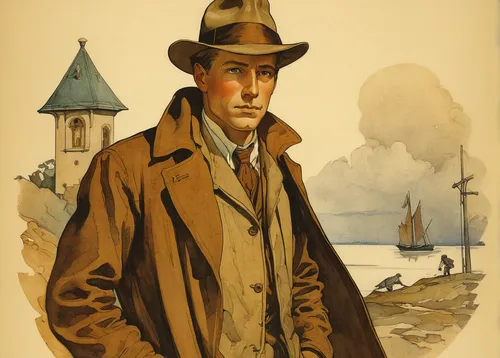 advertising figure,travel poster,man holding gun and light,borkum,humphrey bogart,thames trader,italian poster,pilgrim,man at the sea,holmes,the wanderer,brown sailor,overcoat,film poster,man with umbrella,vintage illustration,jack roosevelt robinson,brown hat,patrol suisse,1926,Illustration,Retro,Retro 19