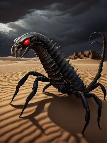 Scorpion, creature, dark fantasy, arachnid, venomous tail, sharp pincers, armored exoskeleton, glowing red eyes, menacing posture, nocturnal, desert ruins, ancient temple, mysterious artifacts, sandy 