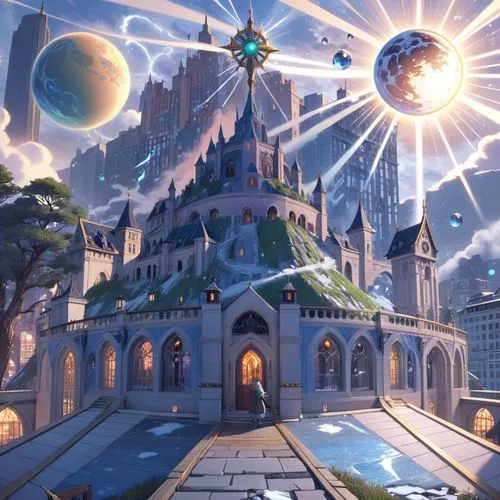 a city with large buildings and lots of bright lights,fantasy city,fantasy world,citadels,fairy tale castle,shanghai disney,cartoon video game background,Anime,Anime,General