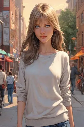 digital compositing,blonde woman,blue jasmine,blonde woman reading a newspaper,on the street,girl in a historic way,hollywood actress,animated cartoon,girl walking away,olallieberry,farrah fawcett,new york streets,female hollywood actress,photo painting,manhattan,portrait background,blonde girl,shopping icon,polo shirt,city ​​portrait,Digital Art,Comic