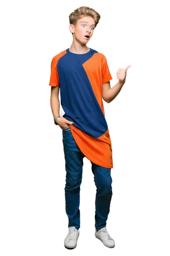 Excited cartoon boy, arguing gesture, blond hair, blue eyes, freckles on nose, casual wear, orange t-shirt, dark blue jeans, sneakers, energetic posture, one hand on hip, pointing with other hand, hum