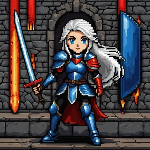 Sprite sheet, 16x16 pixels, anime-style, fantasy characters, female warrior, long silver hair, blue eyes, red armor, sword, shield, detailed texture, metallic reflection, leather boots, medieval-inspi