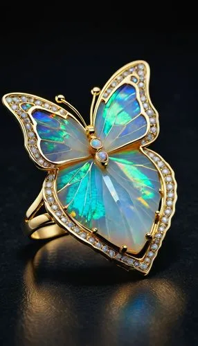 nhẫn Cánh bướm mộng mơ: Đá opal được cắt thành hình cánh bướm, viền vàng mỏng trên nền nhung đen ,glass wing butterfly,aurora butterfly,paraiba,large aurora butterfly,ulysses butterfly,mariposa,opal,m