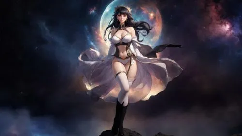 create a photo realistic  of a beautiful  black haired voluptuous goddess-like woman that has huge massive bulging and busty breasts. she has on a goddess-like fantasy dress with mid-thigh stockings. 