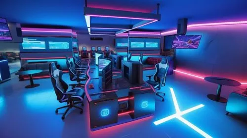 The design of an electronic game space with neon lights that induces a sense of game and cymk colors,cybercafes,computer room,game room,ufo interior,cybercafe,spaceship interior,neon human resources,f