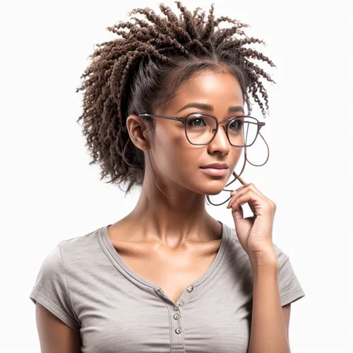 artificial hair integrations,lace round frames,eye glass accessory,reading glasses,silver framed glasses,afroamerican,african american woman,management of hair loss,afro-american,women's accessories,woman thinking,black women,with glasses,beautiful african american women,twists,spectacles,afro american girls,african-american,librarian,girl on a white background