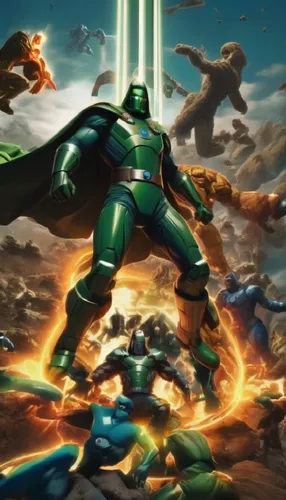 dr doom character is a man in a green suit and surrounded by many other superheros,annihilus,latveria,kilowog,apokolips,jla,metallo