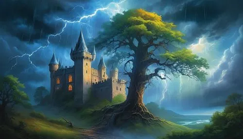 fantasy picture,fantasy landscape,lightning storm,magic tree,fairy tale castle,fairytale castle,celtic tree,knight's castle,world digital painting,witch's house,fantasy art,defense,defend,alfheim,haunted castle,lightning strike,nargothrond,karakas,isolated tree,steinborn,Conceptual Art,Daily,Daily 32