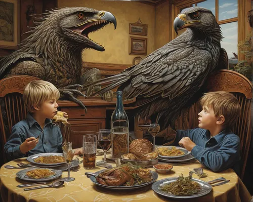 crows,family dinner,blackbirds,black vulture,dining,young birds,vultures,eagles,kids' meal,child feeding pigeons,murder of crows,corvidae,dinner party,ornithology,domestic bird,breakfast table,ravens,bald eagles,bird bird-of-prey,feral pigeons,Illustration,Black and White,Black and White 01