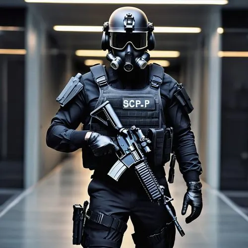 Guardia fundación scp con el logotipo en el brazo chaleco antibalas negro con el logotipo pantalón negro botas negras casco negro gafas negras de cuerpo entero con una pistola glock en el cinturón y u