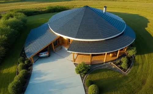 Мodern house surrounded by a forest.
The walls are white. Black roof.,a circular structure with a roof near a car,round barn,round house,roof domes,round hut,dunes house,cooling house,Photography,Gene