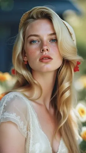 Close-up portrait of a young woman with striking features, displaying a thoughtful or introspective expression. Her face is highlighted by bright blue eyes, red lipstick, and delicate freckles dusting