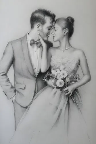 黑白,a pencil drawing of two people in formal clothing,wedding couple,charcoal drawing,elopement,holton,pencil drawing,young couple,Illustration,Black and White,Black and White 35