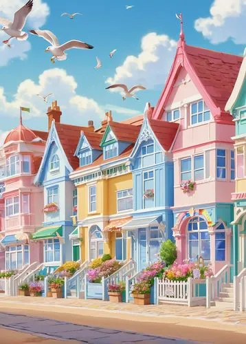 seaside country,seaside resort,precure,jewelpet,nouaimi,houses clipart,dreamhouse,jewelpets,shinbo,machico,townhouses,crane houses,miramare,kotoko,wooden houses,townhomes,giaimo,colorful city,rowhouses,biri,Illustration,Japanese style,Japanese Style 02