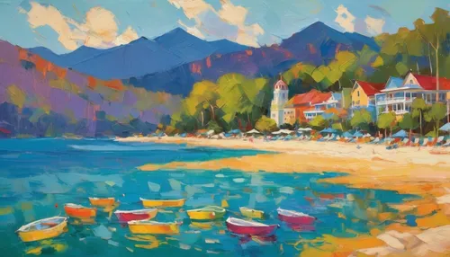 "Sunny Day Swimming Beach Lake Lure 10 x 20"" oil painting by North Carolina Artist Lisa Blackshear",beach landscape,seaside resort,coastal landscape,mountain beach,sochi,the hotel beach,summer beach 