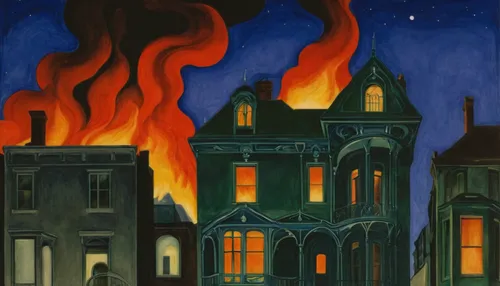 Imagine an old jugendstil house on fire in city at night from the eyes of a man standing on teh other side of the street,city in flames,burning house,the conflagration,house fire,fire disaster,the hou