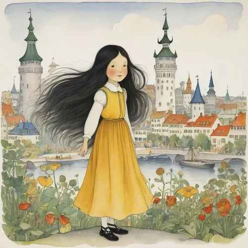 A modern fairy tale city, a girl with long black hair and a confident expression full of joy,there is a drawing of a girl standing near a window,ruslana,little girl in wind,namatbayeva,fairy tale char