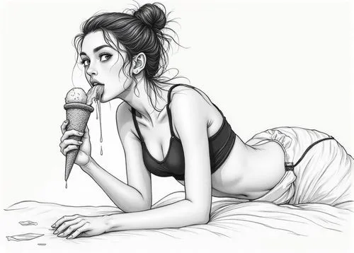 woman with ice-cream,pin-up girl,pin up girl,retro pin up girl,winehouse,glace,Illustration,Black and White,Black and White 08