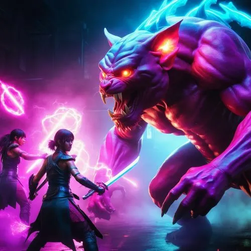 A homunculus fighting female Amazon warriors with glowing magic swords,some people with big and ugly monsters on their backs,monsoon banner,niroshan,purple wallpaper,kaido,purpureum,alani