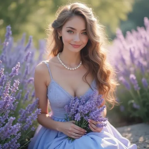 Lavender blue, pastel colors, soft romantic atmosphere, dreamy eyes, gentle smile, curly hair, light makeup, elegant dress, flowing skirt, lace details, pearl necklace, holding flowers, sitting on a s