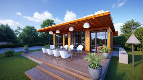 a computer generated image of a deck with furniture,landscape design sydney,wooden decking,roof terrace,wood deck,3d rendering,carports,Photography,General,Realistic