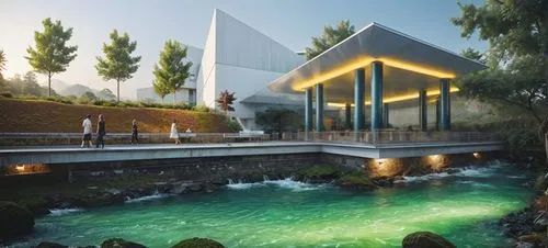 area de restaurant con columnas circulares de acero al carbon,people walking on a bridge near some green water,aqua studio,green waterfall,house by the water,pool house,hydropower plant,modern house