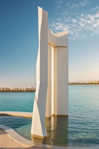 The idea of ​​Arabic poetry consists of 16 columns, divided into 3 groups of varying length. The columns are located in a body of water divided in half. Modern solid columns are origami and simple for